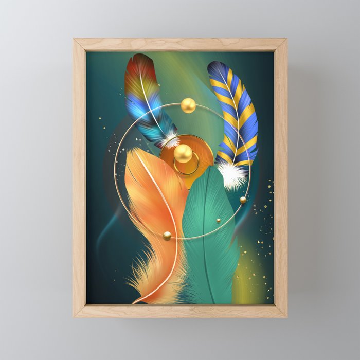 3d colored feathers and pearl and golden circles in wavy dark background Framed Mini Art Print