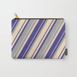 [ Thumbnail: Dark Slate Blue, Dark Grey, and Bisque Colored Pattern of Stripes Carry-All Pouch ]