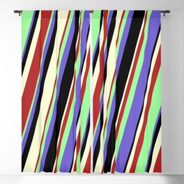 [ Thumbnail: Green, Slate Blue, Black, Light Yellow, and Red Colored Stripes Pattern Blackout Curtain ]