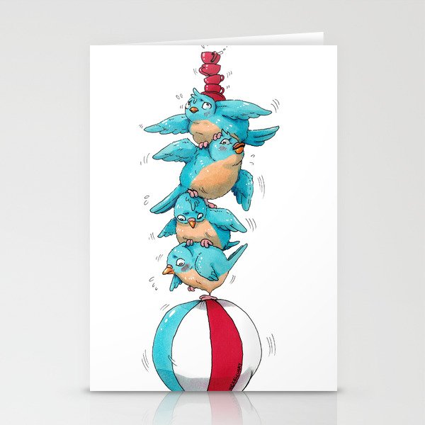 Blue Birds Balancing Boiling Beverages on a Beach Ball Stationery Cards