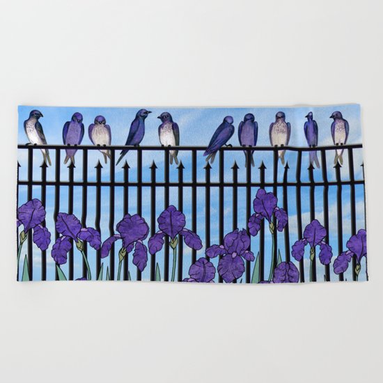 purple martins & purple irises Beach Towel