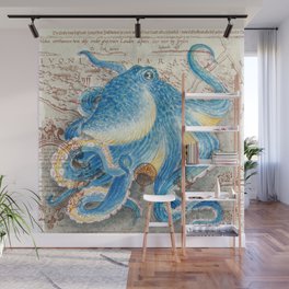 Blue octopus Vintage Map Watercolor Nautical Marine Art Wall Mural