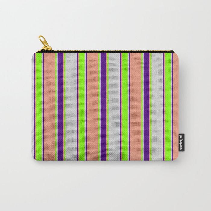 Light Grey, Chartreuse, Dark Salmon, and Indigo Colored Striped/Lined Pattern Carry-All Pouch
