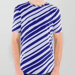 [ Thumbnail: Blue and Lavender Colored Lines/Stripes Pattern All Over Graphic Tee ]
