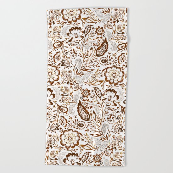 Folk Floral Brown Beach Towel