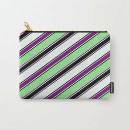 [ Thumbnail: Light Green, Purple, Mint Cream & Black Colored Lines Pattern Carry-All Pouch ]