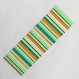 [ Thumbnail: Green, Dark Cyan, Dark Orange, and Beige Colored Stripes Pattern Yoga Mat ]