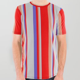 [ Thumbnail: Dark Salmon, Red, Slate Blue & Light Gray Colored Lines Pattern All Over Graphic Tee ]