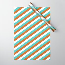 [ Thumbnail: Chocolate, White, and Turquoise Colored Stripes Pattern Wrapping Paper ]