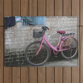 Pink Indian Bicycle on Wall - Illustration Outdoor Rug