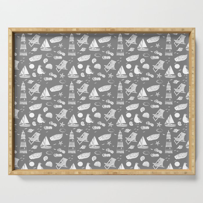 Grey And White Summer Beach Elements Pattern Serving Tray