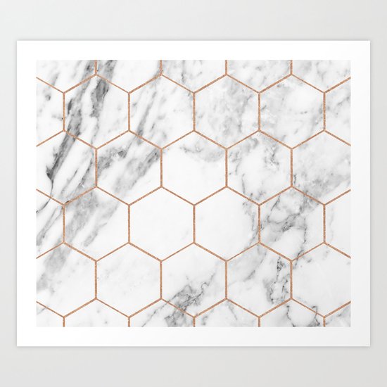 Rose gold marble hexagons honeycomb pattern Art Print