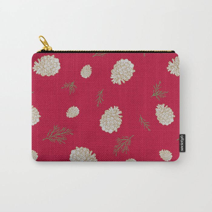 Pinecones in Silver & Gold on Red Carry-All Pouch