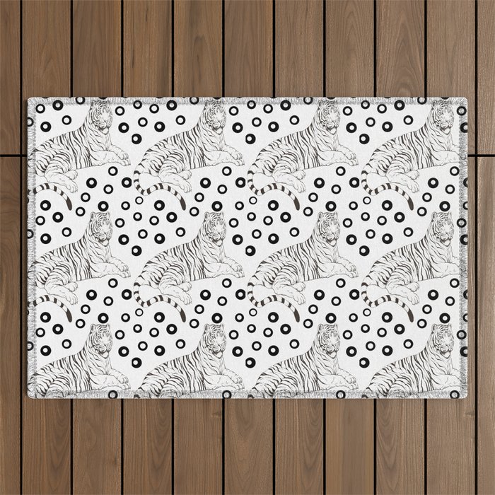 Tiger Pattern in Black And White Polka Dots Outdoor Rug