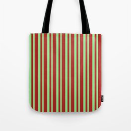 [ Thumbnail: Light Green and Red Colored Pattern of Stripes Tote Bag ]