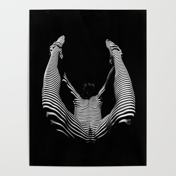 0007-DJA Zebra Striped Nude Woman Yoga Black White Abstract Curves Expressive Lines Slim Fit Girl Poster