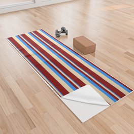 [ Thumbnail: Blue, Tan, and Maroon Colored Lined Pattern Yoga Towel ]