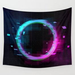 Synthwave Vaporwave Retrowave Glitch Circle with blue and pink glows with smoke and particles on laser grid space background.  Wall Tapestry