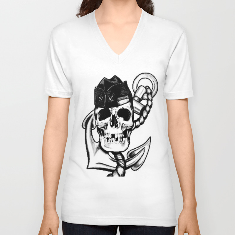 Navy Themed Skull Art, Custom Gift Design Unisex V-Neck T-shirt by artyfartyprinting