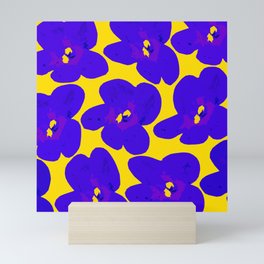 Blue Retro Flowers Yellow Background #decor #society6 #buyart Mini Art Print