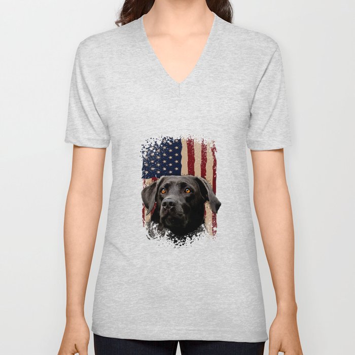 American Black Labrador USA Flag Lab Owner V Neck T Shirt