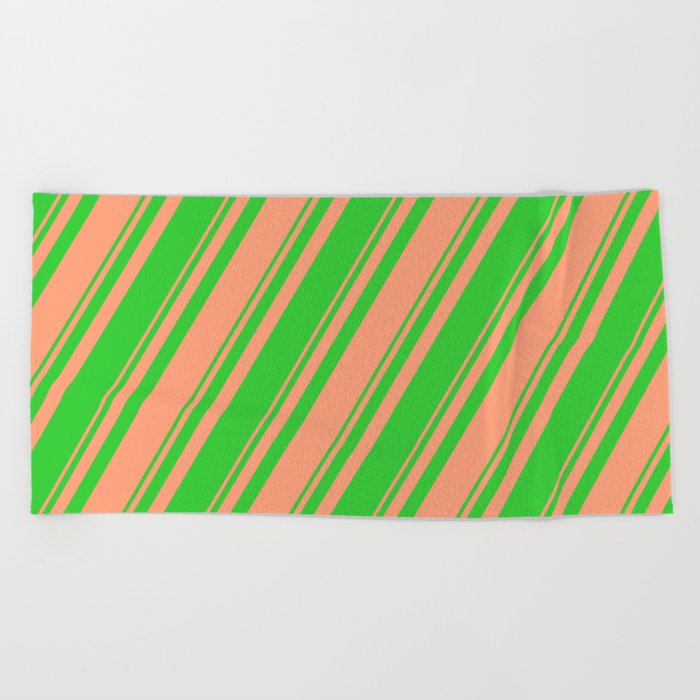 Light Salmon & Lime Green Colored Lines Pattern Beach Towel