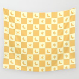 Star And Moon - Checkered Pattern - Yellow Wall Tapestry