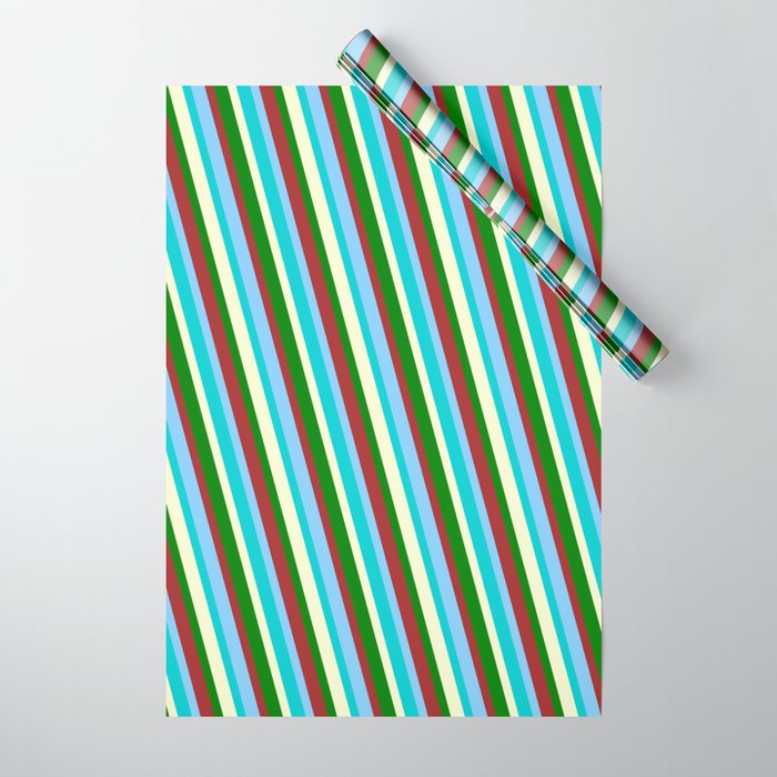 Colorful Brown, Light Sky Blue, Dark Turquoise, Light Yellow & Green Colored Lined/Striped Pattern Wrapping Paper