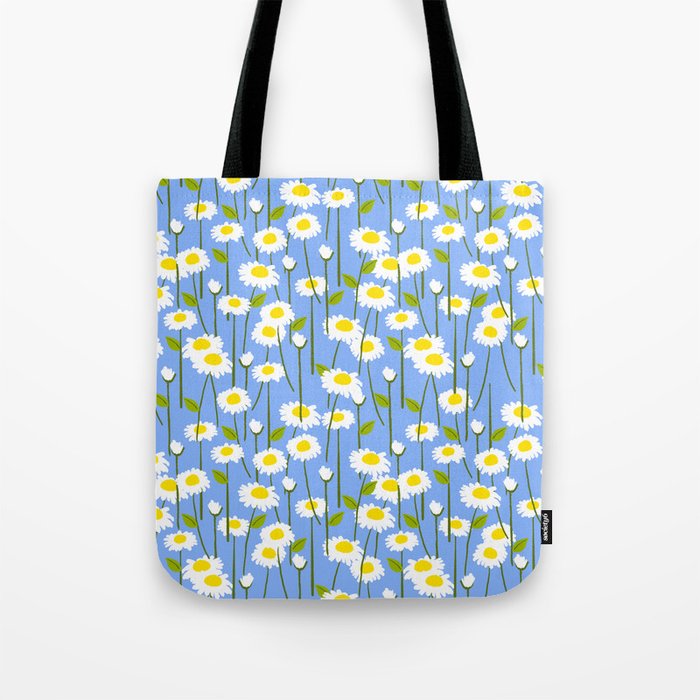 Cheerful Modern Daisy Flowers On Blue Tote Bag