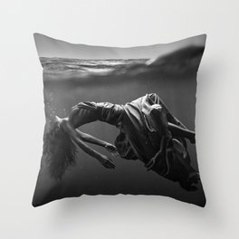 Woman under the waves of the deep blue sea black and white photograph / art photography Throw Pillow