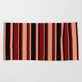 [ Thumbnail: Dark Salmon, Black & Maroon Colored Pattern of Stripes Beach Towel ]