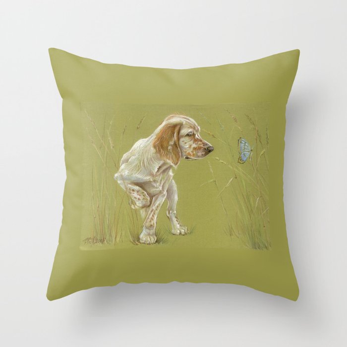 The First Spring Butterfly English Setter Puppy Pastel Drawing on green background Throw Pillow