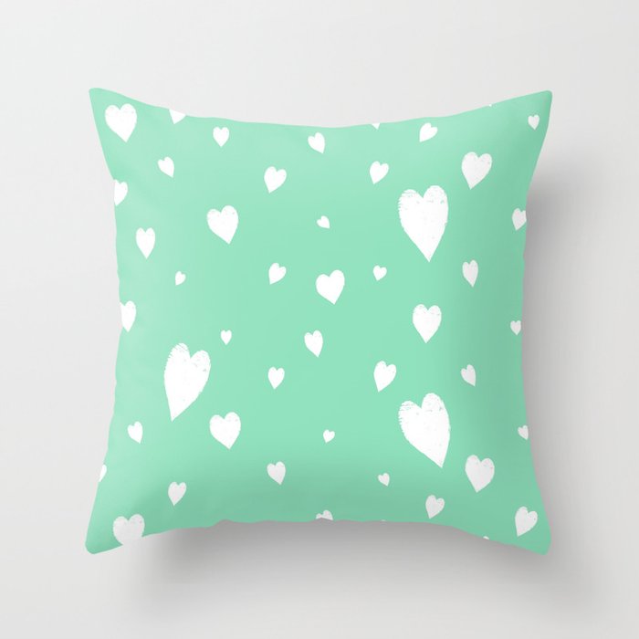 Hand-Drawn Hearts (White & Mint Pattern) Throw Pillow