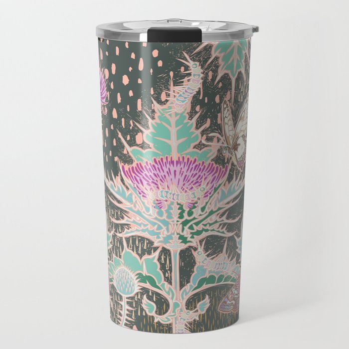 Thistle, moth, butterfly, caterpillar floral garden artwork pattern Travel Mug