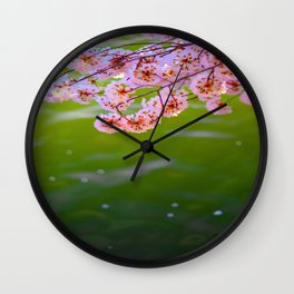 Mid Century Modern Round Circle Photo Graphic Design Pink Japanese Blossoms Over Green Pond Wall Clock
