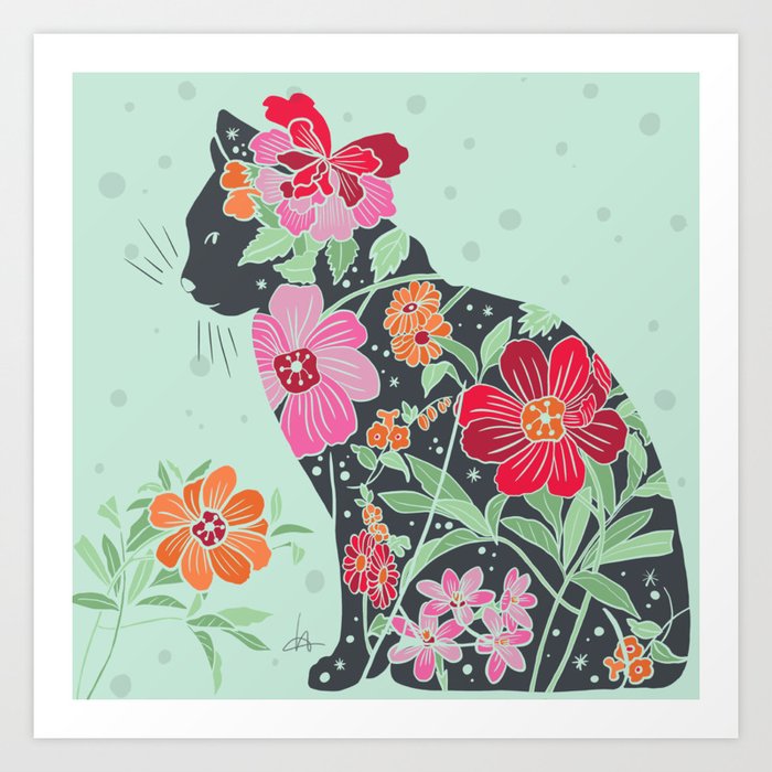 Colorful Flower Cat dark grey on mint with pink, red and orange flowers Art Print