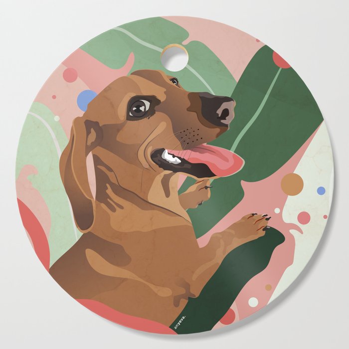 Dachshund puppy with palm leaves in bold colors Cutting Board