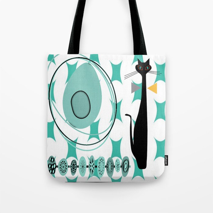 Mid-Century Modern Atomic Art - Teal - Cat Tote Bag