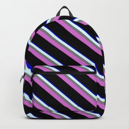 [ Thumbnail: Eyecatching Blue, Light Cyan, Gray, Orchid & Black Colored Lines Pattern Backpack ]