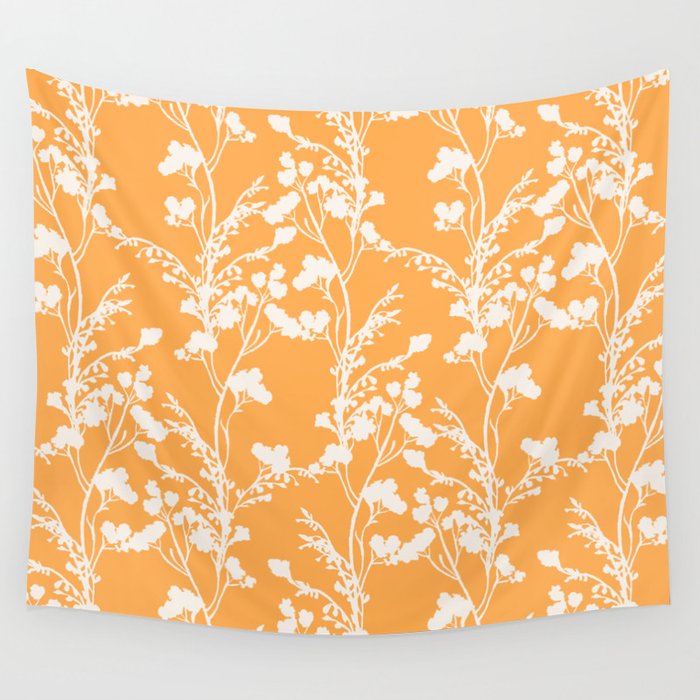 Floral Archive - Botanical Cut Out - Off White on Mango Orange Wall Tapestry
