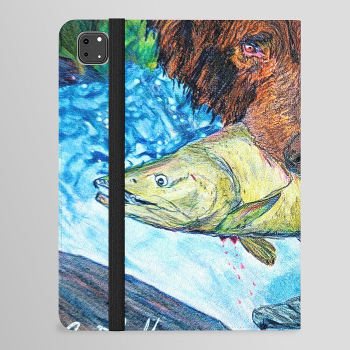 'Ol' Gus' - Grizzly Bear - Trout Fishing - Original Mountain Nature Drawing - by Bryn Reynolds iPad Folio Case