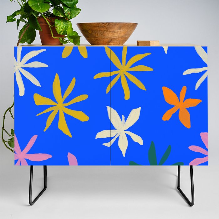 Colorful Flowers on Neon Cobalt Blue Credenza