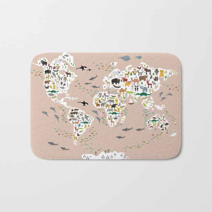 Cartoon world map for children, kids, Animals from all over the world, back to school, rosybrown Bath Mat