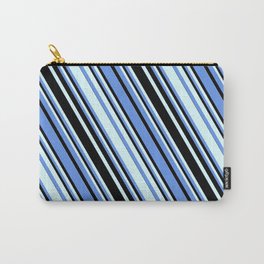 [ Thumbnail: Cornflower Blue, Black, and Light Cyan Colored Striped Pattern Carry-All Pouch ]