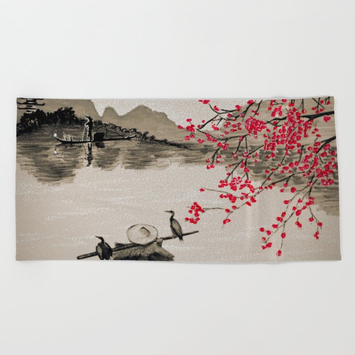 Japan Crane Fishing Beach Towel by JAPAN Art