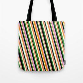 [ Thumbnail: Eye-catching Forest Green, Black, Plum, Dark Orange, and White Colored Striped Pattern Tote Bag ]