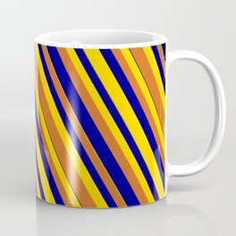 [ Thumbnail: Dark Blue, Yellow, and Chocolate Colored Striped/Lined Pattern Coffee Mug ]