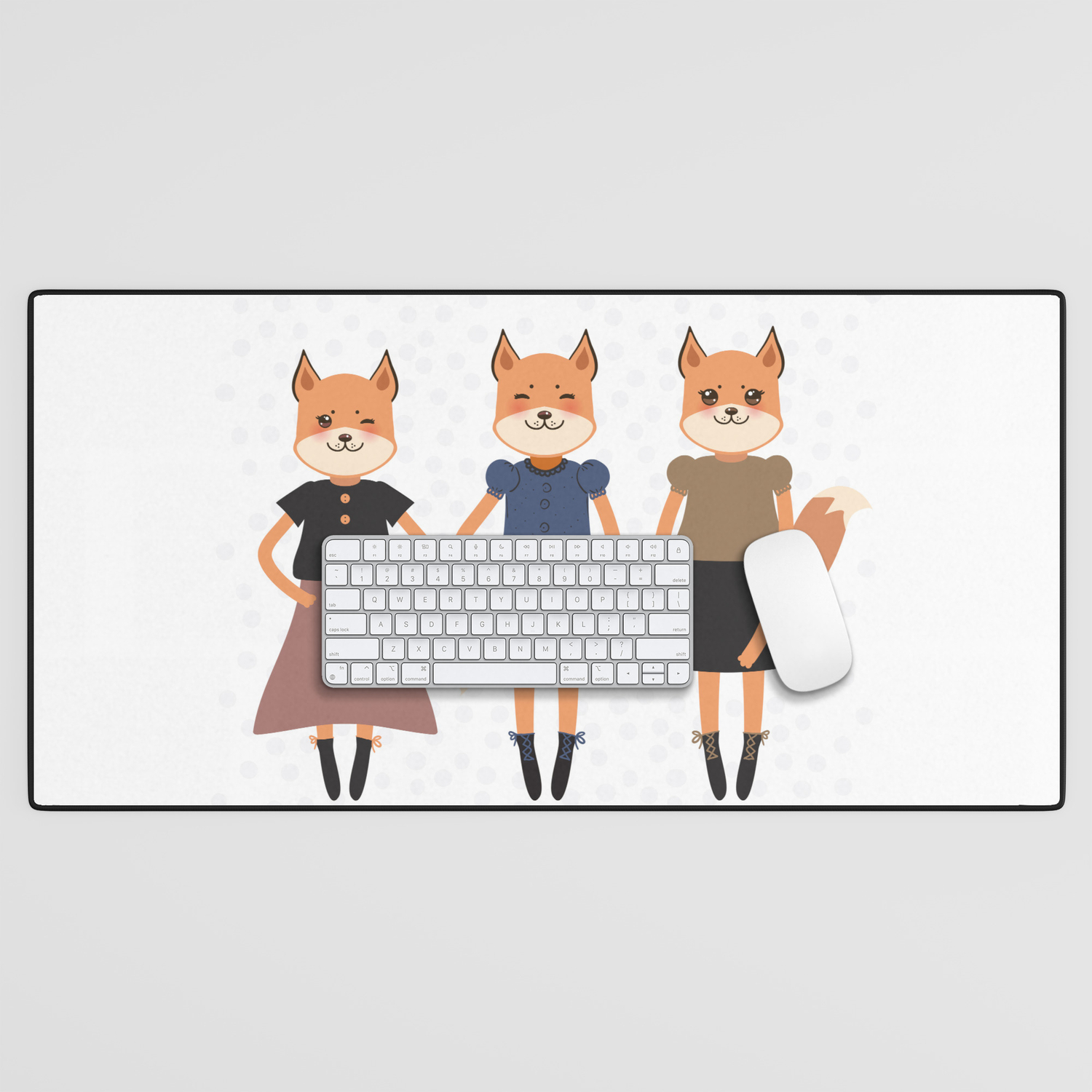 Friends forever funny Kawaii fox girl in dress, cartoon orange gray black  on white dot background. Can be used for greeting card design fashion print  for baby clothes. Vector illustration Desk Mat