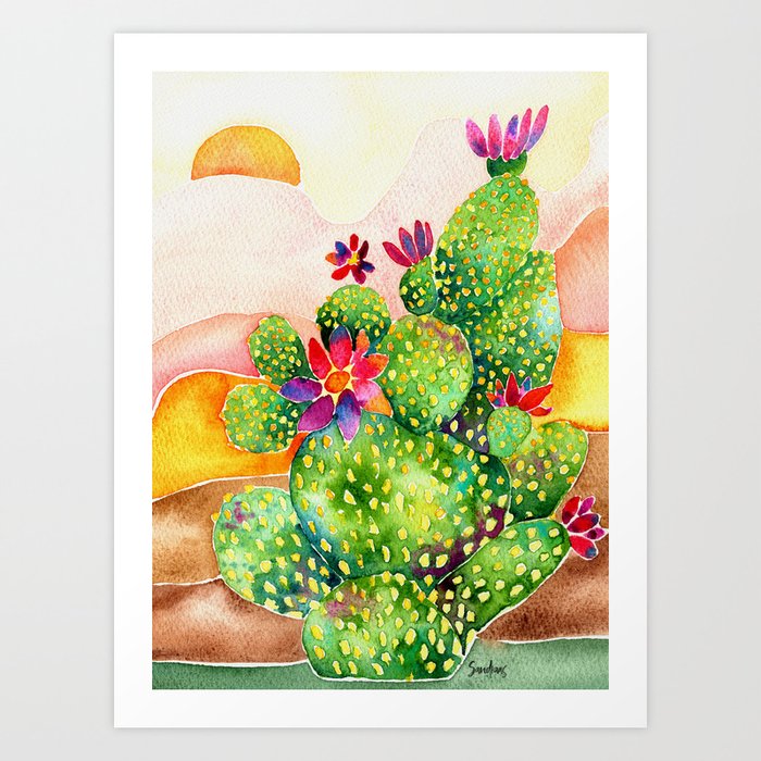 Cactus in Desert Watercolor Artwork Art Print