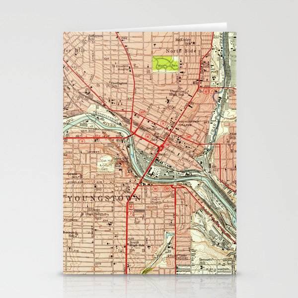 Vintage Map of Youngstown Ohio (1951) Stationery Cards